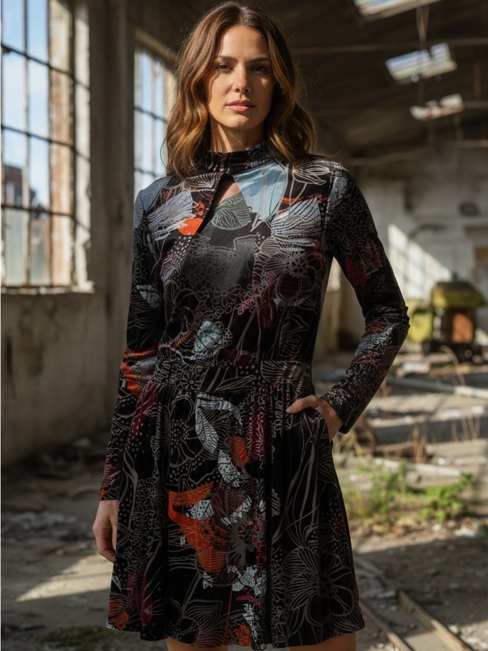 Velvet Floral Open-Back Mini Dress in Black Blue And orange - Picture 2 of 15